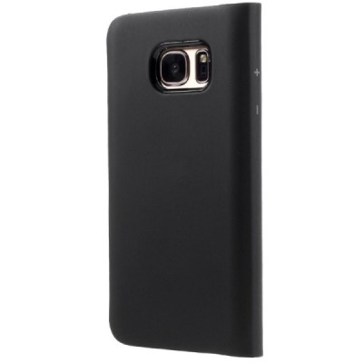 Samsung Galaxy S7 (G930) juodas odinis atverčiamas dėklas su langeliu / Priedai.lt