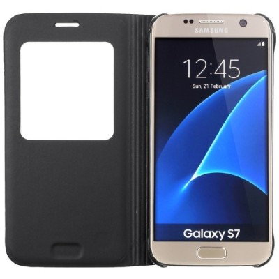 Samsung Galaxy S7 (G930) juodas odinis atverčiamas dėklas su langeliu / Priedai.lt