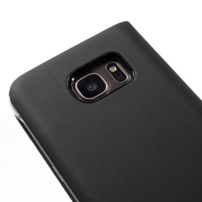 Samsung Galaxy S7 (G930) juodas odinis atverčiamas dėklas su langeliu / Priedai.lt