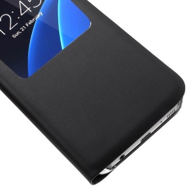 Samsung Galaxy S7 (G930) juodas odinis atverčiamas dėklas su langeliu / Priedai.lt