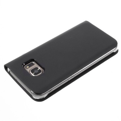 Samsung Galaxy S7 (G930) juodas odinis atverčiamas dėklas su langeliu / Priedai.lt