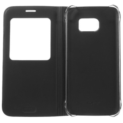 Samsung Galaxy S7 (G930) juodas odinis atverčiamas dėklas su langeliu / Priedai.lt
