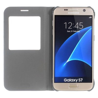 Samsung Galaxy S7 (G930) auksinis odinis atverčiamas dėklas su langeliu / Priedai.lt