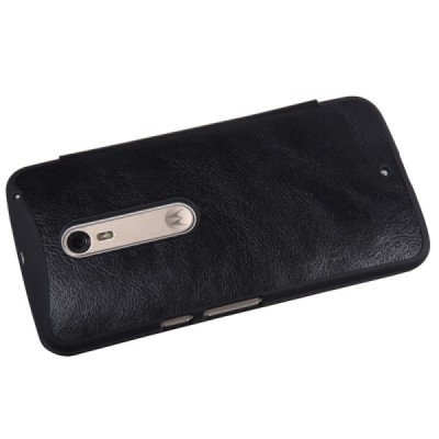 Prabangus „Nillkin“ Qin serijos juodas odinis atverčiamas Motorola Moto X Style dėklas / Priedai.lt