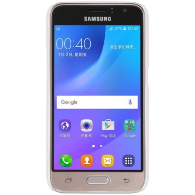 Samsung Galaxy J1 2016 (J120) Nillkin Frosted Shield baltas plastikinis dėklas + apsauginė ekrano plėvelė / Priedai.lt