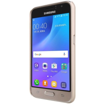 Samsung Galaxy J1 2016 (J120) Nillkin Frosted Shield auksinis plastikinis dėklas + apsauginė ekrano plėvelė / Priedai.lt