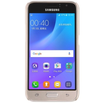 Samsung Galaxy J1 2016 (J120) Nillkin Frosted Shield auksinis plastikinis dėklas + apsauginė ekrano plėvelė / Priedai.lt