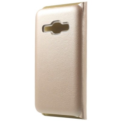 Samsung Galaxy J1 2016 (J120) zelta atvēramais Smart Wallet ādas maciņš - maks / Vacins.lv