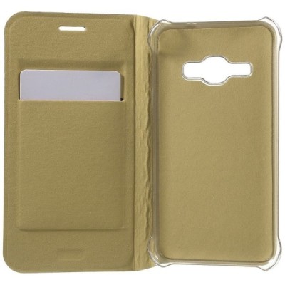 Samsung Galaxy J1 2016 (J120) zelta atvēramais Smart Wallet ādas maciņš - maks / Vacins.lv