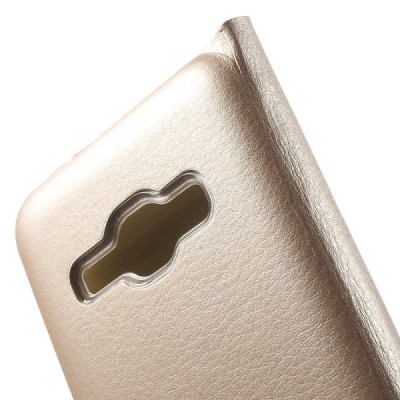 Samsung Galaxy J1 2016 (J120) zelta atvēramais Smart Wallet ādas maciņš - maks / Vacins.lv