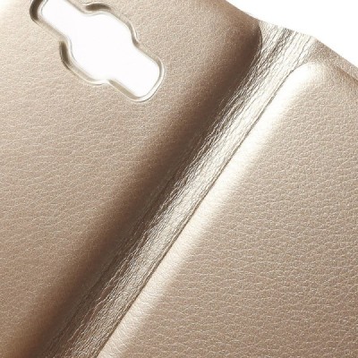 Samsung Galaxy J1 2016 (J120) zelta atvēramais Smart Wallet ādas maciņš - maks / Vacins.lv