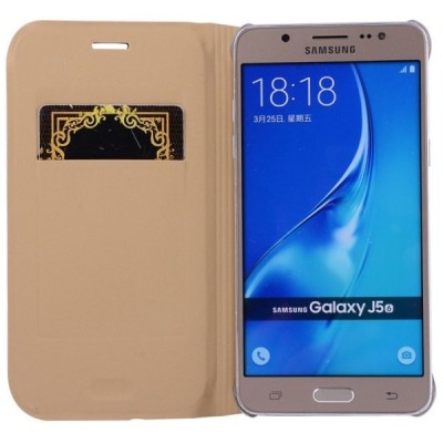 Samsung Galaxy J5 2016 (J510) zelta atvēramais Smart Wallet ādas maciņš - maks / Vacins.lv