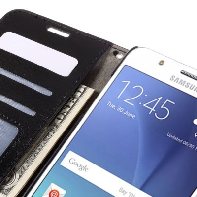 Samsung Galaxy J5 2016 (J510) atvēramais ādas melns maciņš (maks) / Vacins.lv