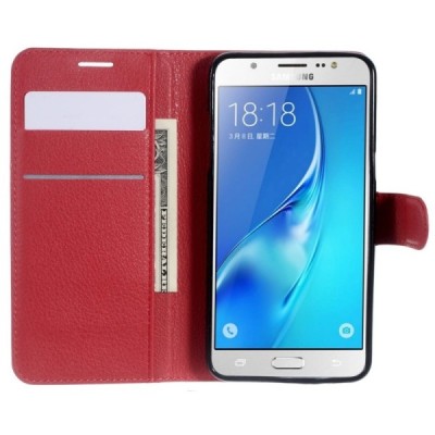 Samsung Galaxy J5 2016 (J510) atvēramais ādas sarkans maciņš (maks) / Vacins.lv