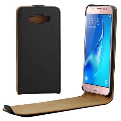Samsung Galaxy J5 2016 (J510) klasisks ādas vertikāli atvēramais melns maciņš / Vacins.lv
