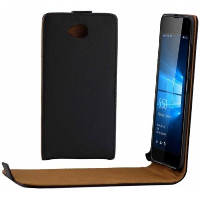 Microsoft Lumia 650 klasikinis vertikaliai atverčiamas juodas odinis dėklas / Priedai.lt