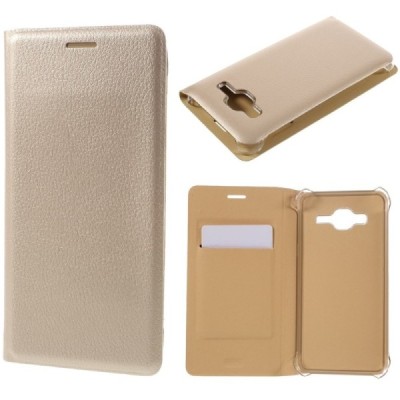 Samsung Galaxy J3 2016 (J320) zelta atvēramais Smart Wallet ādas maciņš - maks / Vacins.lv