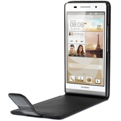 Huawei Ascend P6 klasikinis vertikaliai atverčiamas juodas odinis dėklas / Priedai.lt