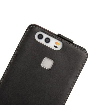 Huawei P9 (Ascend) klasisks ādas vertikāli atvēramais melns maciņš / Vacins.lv