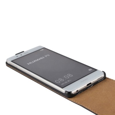 Huawei P9 (Ascend) klasisks ādas vertikāli atvēramais melns maciņš / Vacins.lv