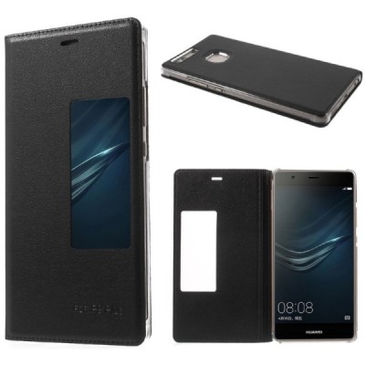 Huawei P9 Plus juodas odinis atverčiamas „Smart Window“ dėklas su langeliu / Priedai.lt