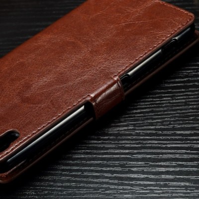 Sony Xperia X Performance atverčiamas rudas odinis dėklas - piniginė / Priedai.lt