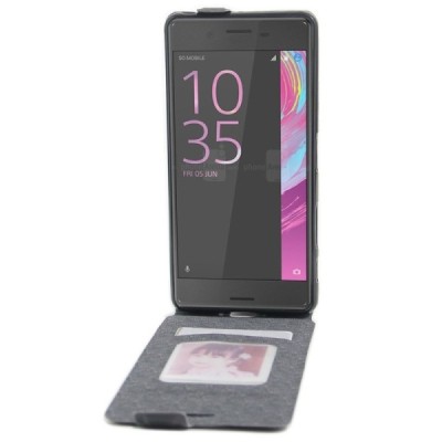 Sony Xperia X Performance vertikaliai (žemyn) atverčiamas juodas odinis dėklas / Priedai.lt
