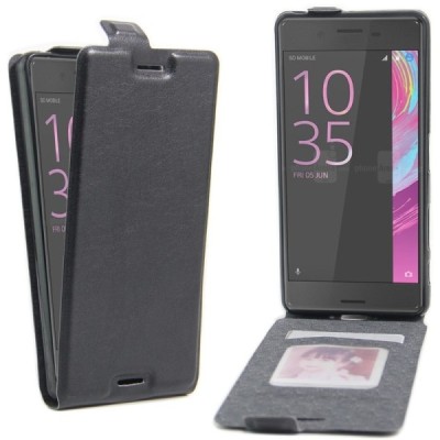 Sony Xperia X Performance vertikaliai (žemyn) atverčiamas juodas odinis dėklas / Priedai.lt