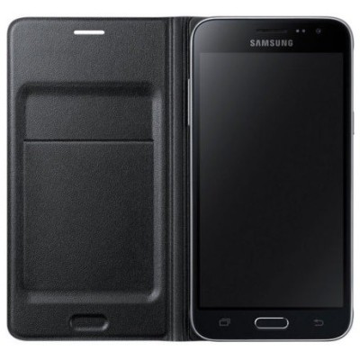 Samsung Galaxy J3 2016 (J320) oficiāls Flip Wallet Cover atvērams melns ādas maciņš (maks) / Vacins.lv