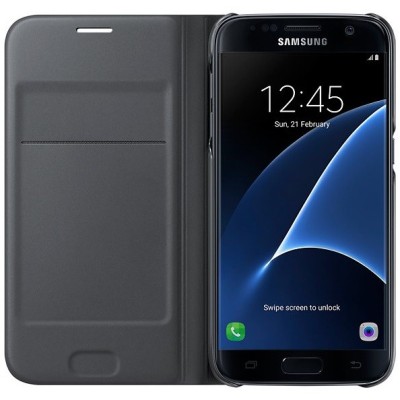 Samsung Galaxy S7 (G930) originalus Flip Wallet Cover atverčiamas juodas odinis dėklas - piniginė / Priedai.lt