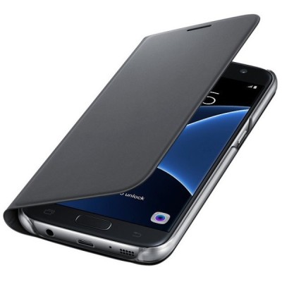 Samsung Galaxy S7 (G930) originalus Flip Wallet Cover atverčiamas juodas odinis dėklas - piniginė / Priedai.lt