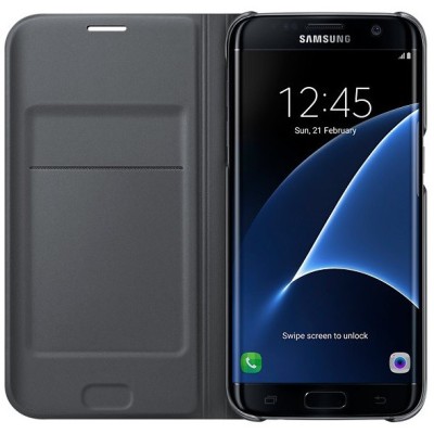 Samsung Galaxy S7 Edge (G935) oficiāls Flip Wallet Cover atvērams melns ādas maciņš (maks) / Vacins.lv