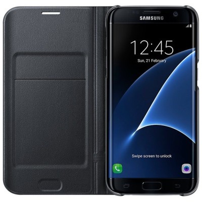 Samsung Galaxy S7 Edge (G935) oficiāls Led View Cover atvērams melns ādas maciņš (maks) / Vacins.lv