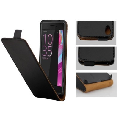 Sony Xperia X (F5121, F5122) ādas vertikāli atvēramais melns futrālis / Vacins.lv
