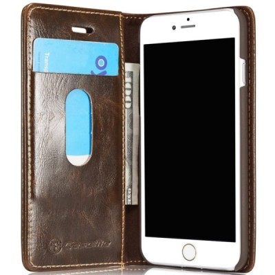 Apple iPhone 7 (iPhone 8) „CaseMe“ solidus atverčiamas rudas odinis dėklas - knygutė / Priedai.lt