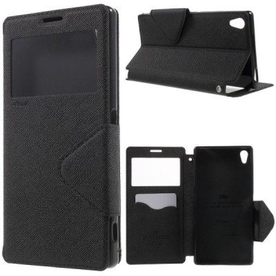 Sony Xperia Z5 Premium (Sony Xperia Z5 Premium Dual) „Roar“ Diary atvērams melns ādas maciņš - maks / Vacins.lv