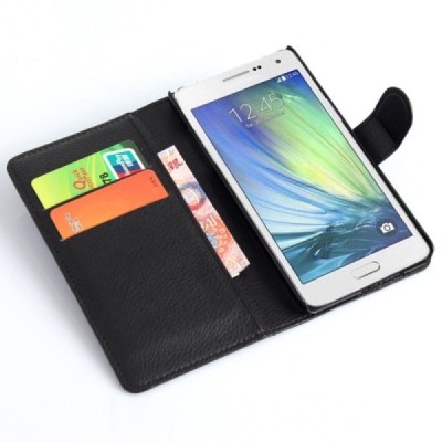 Samsung Galaxy A5 (A500F) atvēramais ādas melns maciņš (maks) / Vacins.lv