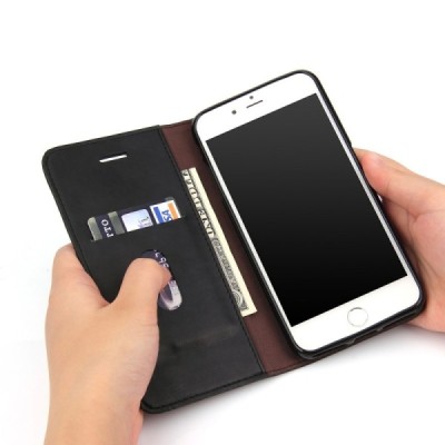 Apple iPhone 7 Plus (iPhone 8 Plus) „Deluxe“ ādas atvēramais melns maciņš (maks) / Vacins.lv