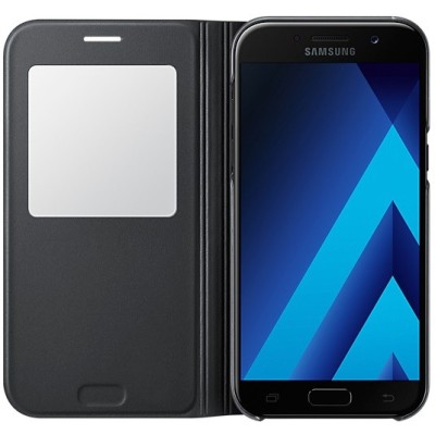 Samsung Galaxy A5 (2017) A520 oficiāls S View Cover atvērams melns ādas maciņš / Vacins.lv