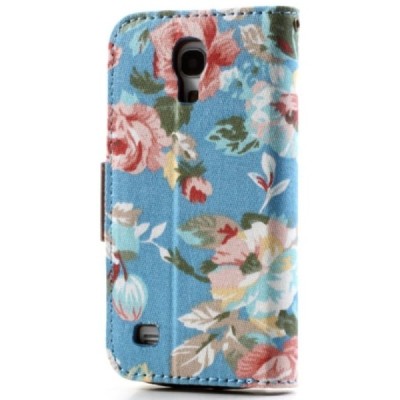 Atverčiamas Samsung Galaxy S4 mini rožių spalvotas dėklas (piniginė) - mėlynas / Priedai.lt