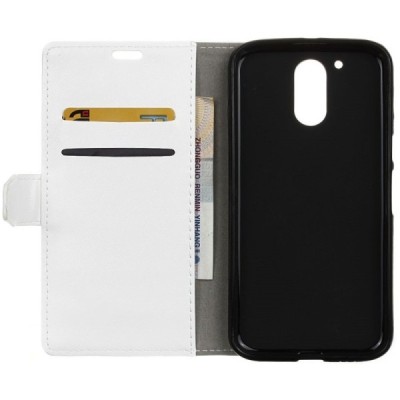 Motorola Moto G4, Moto G4 Plus atverčiamas baltas odinis dėklas, knygutė - piniginė / Priedai.lt