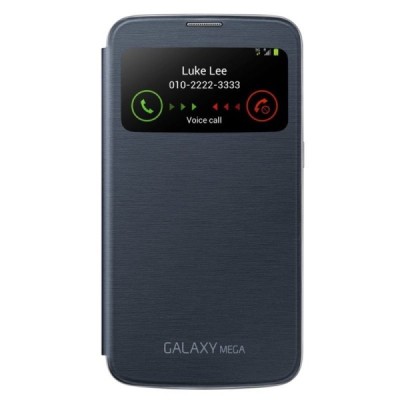 Samsung Galaxy Mega 6.3 (GT-I9200, GT-I9205) oficiāls S View Cover atvērams melns ādas maciņš / Vacins.lv