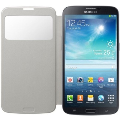 Samsung Galaxy Mega 6.3 (GT-19200, GT-I9205) originalus S View Cover atverčiamas baltas odinis dėklas / Priedai.lt