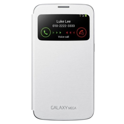 Samsung Galaxy Mega 6.3 (GT-19200, GT-I9205) originalus S View Cover atverčiamas baltas odinis dėklas / Priedai.lt