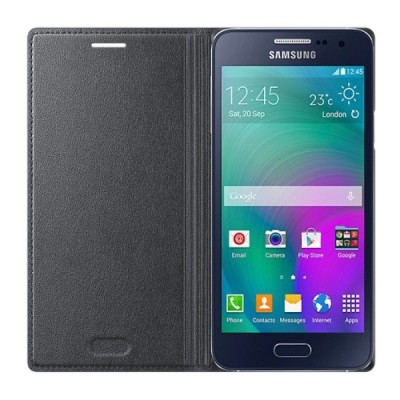 Samsung Galaxy A3 oficiāls Flip Cover atvērams melns ādas maciņš (maks) / Vacins.lv