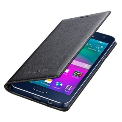 Samsung Galaxy A3 oficiāls Flip Cover atvērams melns ādas maciņš (maks) / Vacins.lv