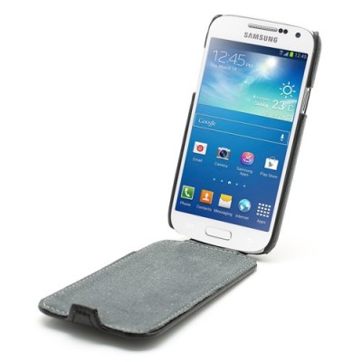 Samsung Galaxy S4 mini ādas vertikāli atvēramais melns futrālis / Vacins.lv