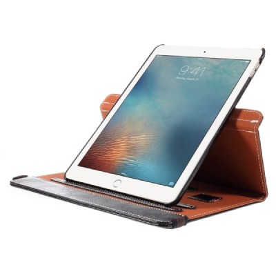 Apple iPad Pro 9.7" solīds atvēramais melns ādas futrālis, grozās 360° grādu apjomā / Vacins.lv