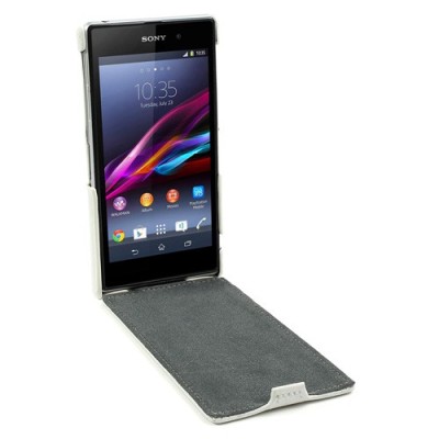 Sony Xperia Z1 ādas vertikāli atvēramais balts futrālis / Vacins.lv