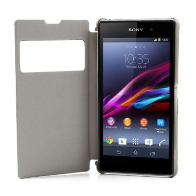 „S-View“ stila Sony Xperia Z1 atvēramais tumši pelēks futrālis (maciņš) / Vacins.lv